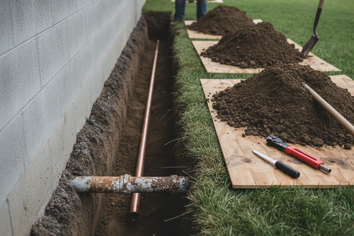 Excavated water line trench during Water Heater Repair in Orchard